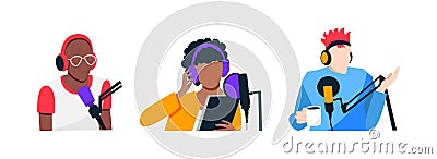 Set of young people recording a podcast. Vector Illustration